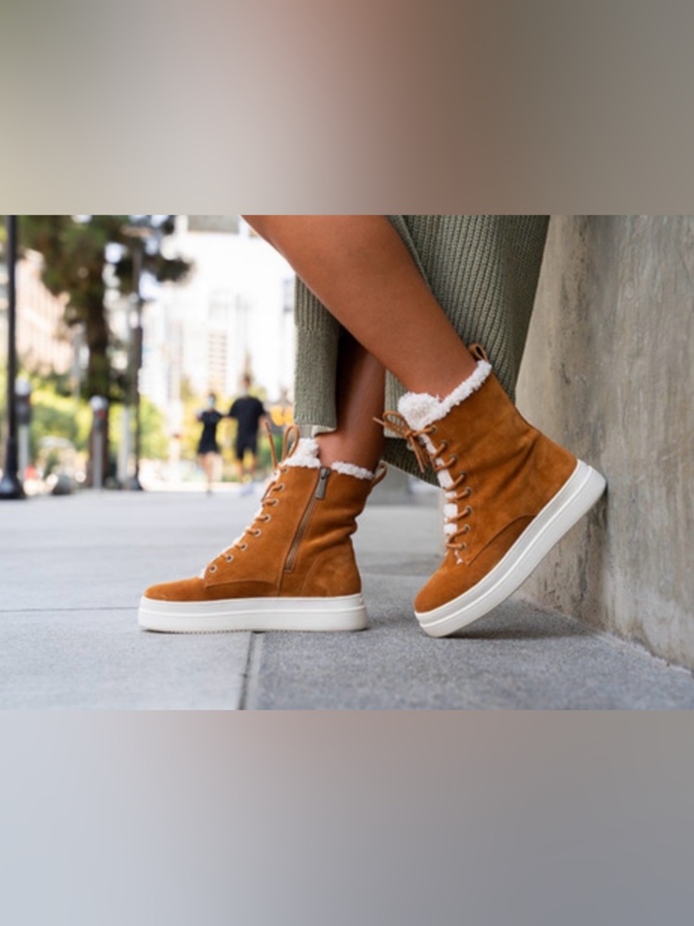 J/SLIDES TORRIE Cognac Waterproof Suede Ankle Boot with Cream Shearling Size 9